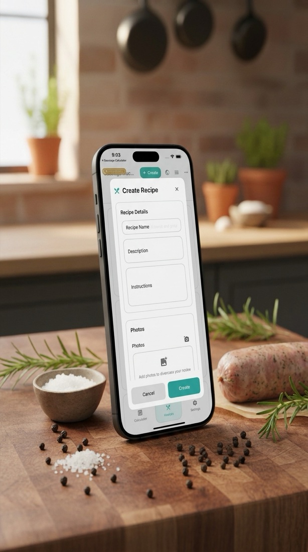 Sausage Calculator's Create Recipe screen in light mode, on a phone propped on a butcher block