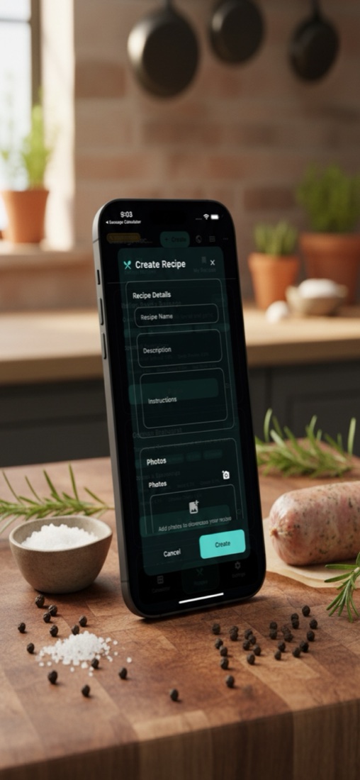 Sausage Calculator's Create Recipe screen, on a phone propped on a butcher block